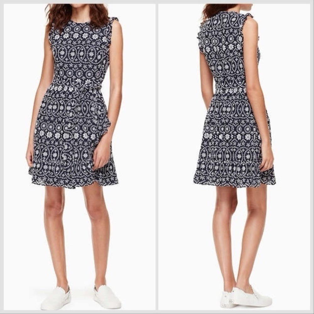 Kate Spade Shore Thing Eyelet Wrap Dress Rich Navy Blue Fresh White Sz 4